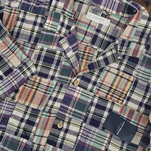 Lucky Brand Mens Indian Madras Plaid Camp Shirt Large Loop Collar Patch Work NEW